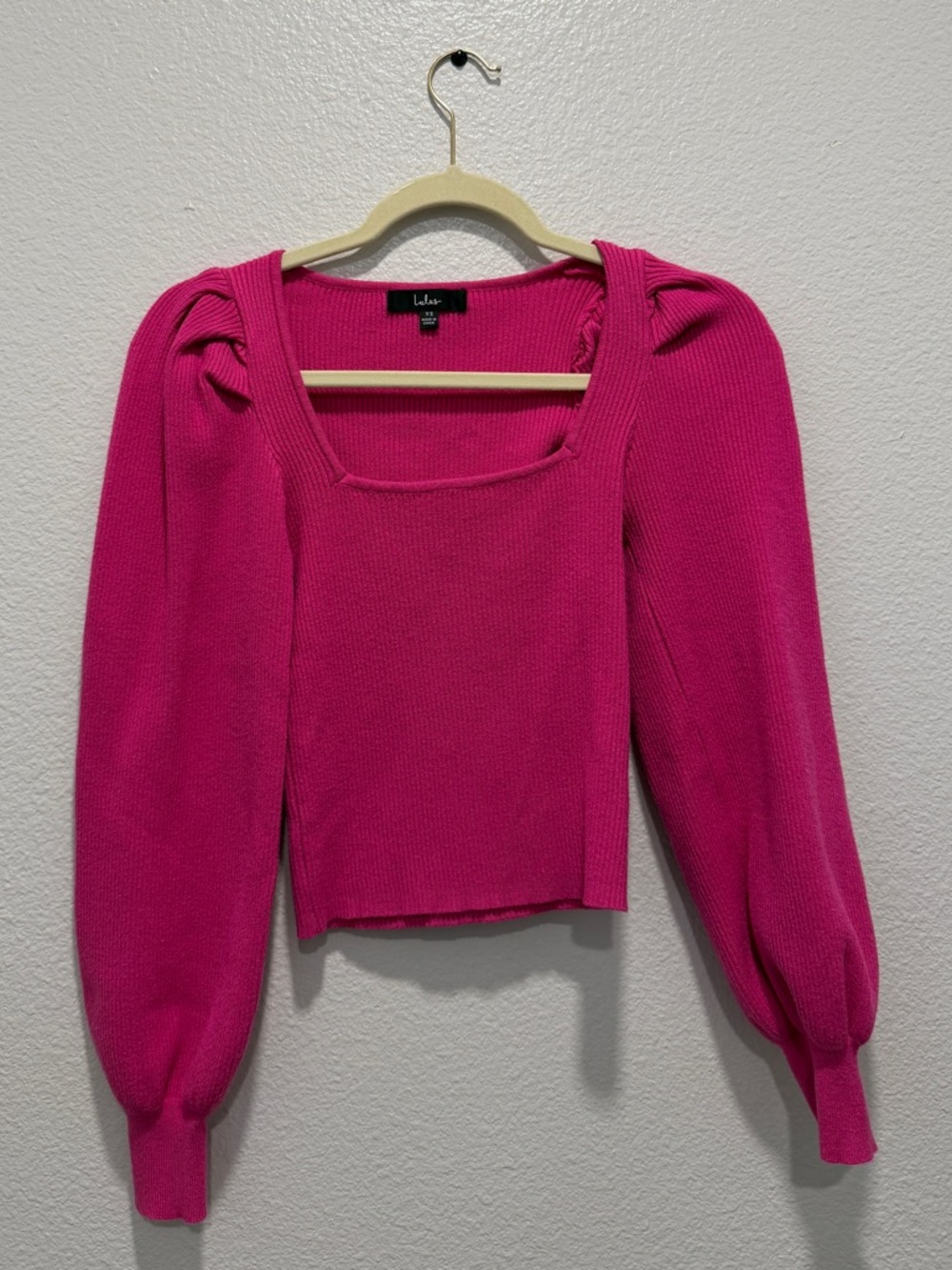 Lulu's Hot Pink Puff-Sleeve Square Neck Knit Top